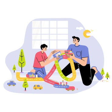 A father and child are sitting on a colorful play mat on the floor. The father, wearing a blue shirt, is smiling as he helps the child, who is wearing a bright red t-shirt, place a small toy train on the tracks. The toy train set features vibrant multi-colored tracks arranged in a loop. There are additional toy cars and miniature trees scattered around the train set. Sunlight streams in through a nearby window, illuminating the joyful scene of play and bonding.