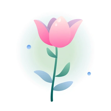 A single flower with soft, delicate petals is at the center of the image. The flower has a rich, pastel pink color, and the petals are gently curling at the edges. The stem is slender and green, with a few small leaves sprouting from it. The background features a subtle blend of light blues and greens, enhancing the flower's soft appearance. A few droplets of dew are visible on the petals, adding a touch of freshness to the scene.