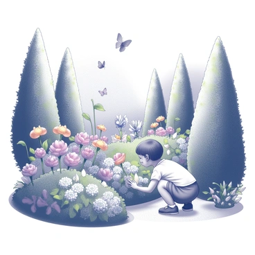 A hidden garden is filled with various flowers in full bloom. Vibrant petals are showcased in intricate arrangements throughout the space. Among the flowers, several butterflies are fluttering, their wings spread wide as they seek nectar. A curious child is exploring the garden, crouched down to examine a particularly large flower. The child has an expression of wonder and excitement, with their hands gently touching the petals. Surrounding the garden are tall green hedges that create a sense of enclosure and secrecy. The sunlight filters through the leaves, casting soft shadows on the ground.