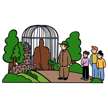 An animal keeper with light skin and short curly hair is standing next to a large animal cage at the zoo. He is wearing a khaki uniform and a green cap. The cage door is slightly ajar, creating a gap that allows a glimpse inside. Surrounding the cage, there are various trees and plants, indicating a natural habitat. The animal keeper is looking cautiously down the path, his expression showing concern, while a few curious onlookers are in the background, observing the scene.