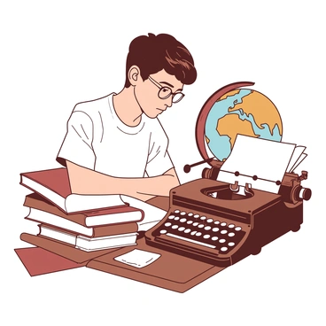 A young student with short brown hair is sitting at a wooden desk, focused on writing an essay for a history exam. The student is wearing a white shirt and glasses, with a concentrated expression on their face. In front of the student, there is a vintage typewriter with shiny black keys, and a sheet of white paper is inserted into it. Books on history are stacked to the side of the typewriter, and a globe is visible in the background. A soft light is illuminating the workspace, highlighting the details of the typewriter and the student's dedicated posture.