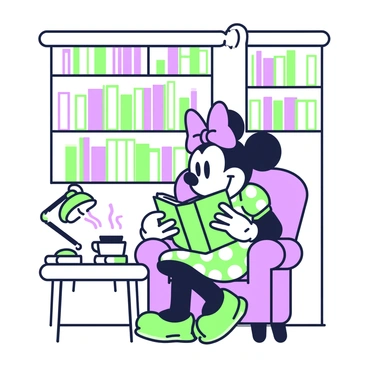 Minnie Mouse is sitting in a comfy chair with plush cushions, deeply engrossed in reading a book. She is wearing her iconic polka-dot dress and bow. The chair is placed in a cozy reading nook, surrounded by tall bookshelves filled with various books of different sizes. Soft lighting illuminates the space, highlighting the colorful book covers. A small side table next to the chair holds a steaming cup of tea. A decorative lamp stands on the table, casting a warm glow.