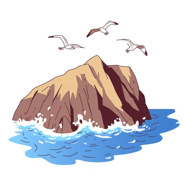 A rugged coastal cliff stands tall against the horizon, its jagged edges highlighted by the sunlight. Below, waves crash forcefully against the rocks, sending sprays of white foam into the air. The ocean is a deep blue, contrasting with the earthy tones of the cliff. Above, several seagulls soar gracefully, their wings spread wide as they glide through the clear sky. The scene conveys a sense of wild beauty and the power of nature.
