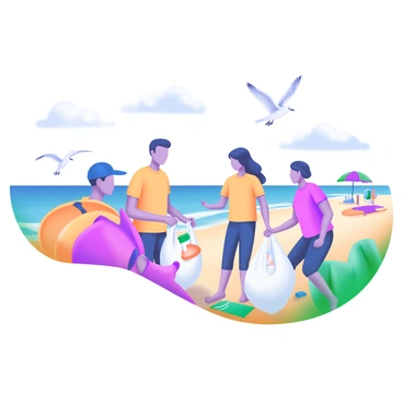 A sunny beach scene featuring several volunteers collecting trash. The volunteers are wearing bright, matching t-shirts and holding trash bags filled with litter. In the background, there are gentle waves lapping at the shore and seagulls flying above. Colorful beach umbrellas and towels are scattered along the sand, and a few beachgoers can be seen enjoying the sun. The sky is clear with a few fluffy clouds, creating a vibrant, lively atmosphere.