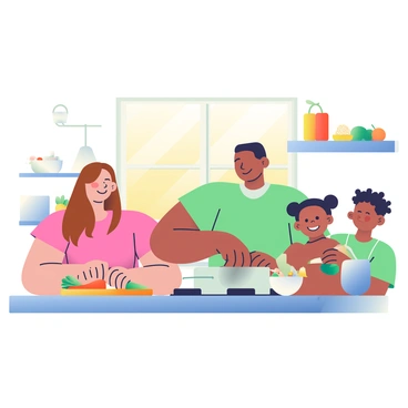 A happy family is gathered in a bright kitchen, preparing a nutritious meal together. The family consists of four members: a mother with light skin and long brown hair, a father with medium skin and short black hair, and two children, a boy with curly hair and a girl with pigtails. The mother is chopping vegetables on a wooden cutting board, while the father is stirring a pot on the stove. The children are measuring ingredients, with the boy holding a measuring cup and the girl pouring grains into a bowl. Sunlight streams through the window, illuminating the colorful fruits and vegetables on the countertop, creating a warm and cheerful atmosphere filled with smiles and laughter.