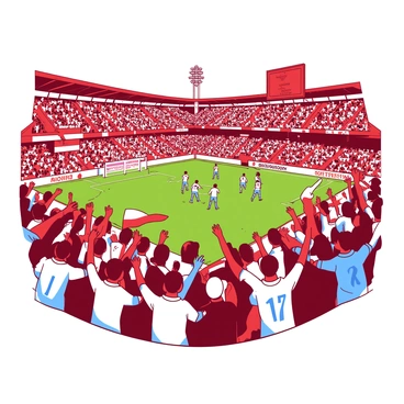 A red historic soccer match is taking place on the field, with two teams in action, one wearing white jerseys and the other in blue. In the foreground, a large crowd of excited spectators is cheering, raising their arms in celebration. Some spectators hold red and white flags, while others wear team scarves. The stadium is filled with colorful banners, and the atmosphere is electric. In the background, the scoreboard displays the match's key moments, adding to the excitement of the scene.