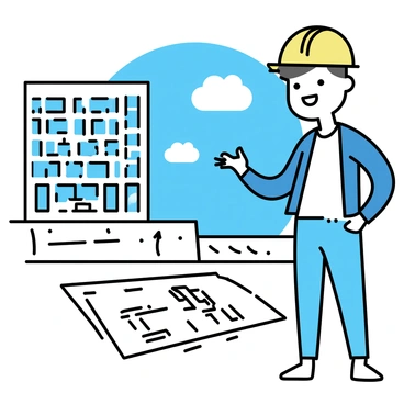 An architect stands to the side of a completed building, dressed in a smart outfit with a hard hat on. The building, showcasing a modern design with large glass windows and a sleek facade, towers in the background. In front of the architect is a detailed blueprint spread out on a table, featuring precise lines and annotations. The architect has a confident smile, pointing to a section of the blueprint while looking at the building. The scene is set in an urban environment, with clear skies and a few clouds in the blue sky above.