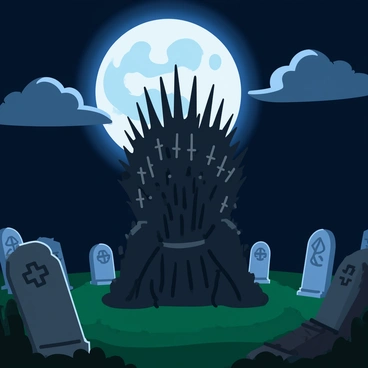 A detailed Iron Throne made of twisted iron and sharp edges sits prominently in the center of a dark, eerie cemetery. The throne is adorned with various swords embedded into its structure, highlighting its imposing nature. Surrounding the throne are weathered gravestones, some crooked and partially covered in moss. Each gravestone features intricate carvings, hinting at the stories of those buried beneath. Above, a large full moon casts a silvery glow, illuminating the scene with an otherworldly light. Dark, ominous clouds float across the night sky, adding to the haunting atmosphere.