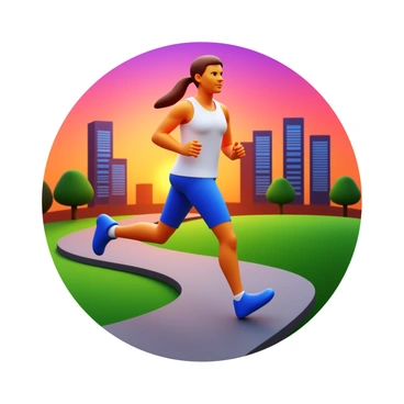 A jogger in athletic attire is running along a winding path. The jogger has a focused expression and is captured in mid-stride. In the background, a vibrant sunset paints the sky with shades of orange, pink, and purple. Silhouetted against the sunset, several modern office buildings rise in the distance, their glass windows reflecting the warm colors of the sky. The path is lined with trees, casting subtle shadows as the day's light fades.