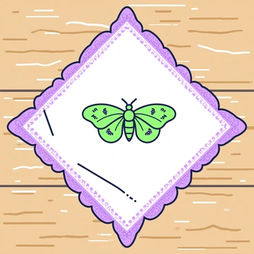 A lace-edged Victorian handkerchief is displayed on a wooden surface. The handkerchief features intricate lace detailing along its edges. In the center, there is a single, elegant moth embroidered with delicate designs, showcasing its wings spread gracefully. The moth's antennae are finely detailed, and the stitching gives a lifelike quality to its form. The background is softly blurred to emphasize the handkerchief and its exquisite embroidery.