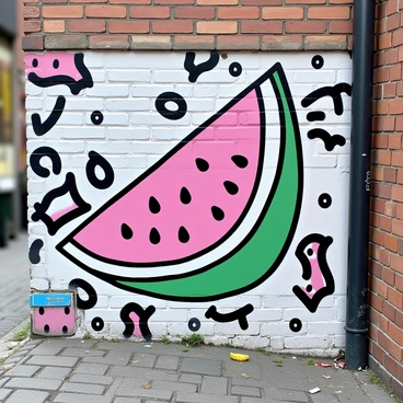 A graffiti mural on a brick wall in a city alley. The mural prominently displays a large, stylized watermelon slice. The watermelon slice features vibrant colors including shades of pink, green, and red with black seeds. The surrounding wall is adorned with various abstract patterns and shapes that enhance the mural's lively appearance. The alley itself has cobblestone pavement and scattered litter, contributing to the urban atmosphere.