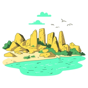 A vibrant yellow landscape features ancient stone landmarks and ruins positioned near the edge of the Euphrates River. The ruins consist of large, weathered stone blocks and pillars, some partially buried in the earth. Green vegetation surrounds the structures, with patches of grass growing between the stones. In the foreground, the shimmering water of the Euphrates River reflects the sunlight, creating ripples across its surface. The sky above is painted in a soft teal hue, adding contrast to the ancient scene. Birds can be seen flying above, providing a sense of life in this historical setting.