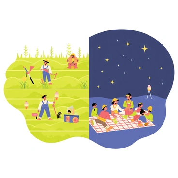 A rural landscape with one part showing farmers working in daylight and the other part resting under the stars