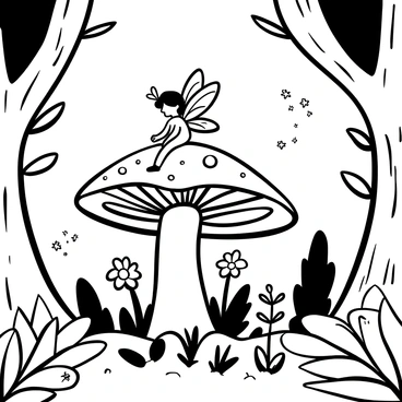 A tiny fairy with delicate butterfly wings is perched gracefully on a large mushroom in the heart of a lush forest. The mushroom has a textured cap with intricate gills beneath, and small dew drops can be seen on its surface. Surrounding the fairy, there are various ferns and wildflowers, adding to the enchanting atmosphere. The ground is covered with soft moss, and you can spot a few twinkling fireflies illuminating the scene. A gentle breeze rustles the leaves of nearby trees, creating a sense of calm in this magical setting.