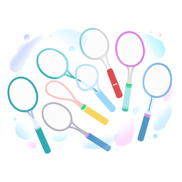 A wall is covered with various badminton rackets of different colors and styles, each one neatly hanging for display. The rackets feature vibrant hues such as blue, red, green, and yellow, showcasing a range of designs from traditional to modern. Some rackets have intricate patterns on the frame, while others have simple, sleek lines. The wall behind them is a soft pastel gradient, enhancing the colors of the rackets and creating a cohesive visual. The arrangement of the rackets is organized yet dynamic, with some overlapping slightly to create depth.