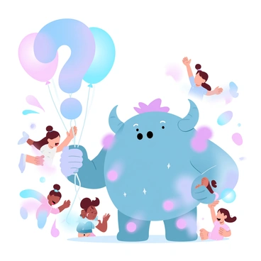 A friendly monster with vibrant fur is holding a giant "question mark" balloon. The monster has a rounded shape and features playful horns on its head, adding to its whimsical appearance. Surrounding the monster are several children, each interacting with it joyfully. Some children are reaching out towards the balloon, while others are laughing and playing nearby. The scene is filled with colorful elements, including various toys scattered on the ground and a bright, cheerful background.