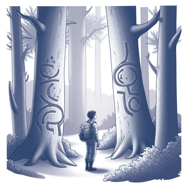 A lone traveler stands in a dense forest, surrounded by towering trees with thick trunks and a tangle of branches overhead. The traveler has a look of bewilderment on their face as they gaze at the strange markings etched into the bark of the trees. These markings are intricately carved, resembling ancient symbols or runes, and they contrast sharply with the rough texture of the tree bark. The ground beneath the traveler is covered in a thick layer of leaves and underbrush, adding to the sense of isolation in the wilderness. Sunlight filters through the canopy, casting dappled shadows on the forest floor.