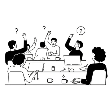 A diverse group of attendees sitting at desks, each facing a computer screen. Some attendees are raising their hands to submit questions, while others are typing on keyboards. A man with short hair is wearing a headset and looking attentively at the screen. A woman with curly hair is writing a question on a notepad. The room is filled with various personal items like coffee mugs and notebooks scattered on the desks.