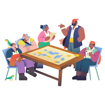 A diverse group of pirates is gathered around a large, weathered wooden table. There is a tall pirate with dark skin, wearing a red bandana and a long coat, pointing at a treasure map spread out on the table. Beside him, a woman with light skin and braided hair is holding a compass and looking intently at the map. To the left, a muscular pirate with a beard is leaning back in his chair, chuckling, while a younger pirate with freckles is sketching something on parchment. A parrot with bright green feathers sits perched on the edge of the table, observing the scene. Various pieces of gold and silver coins are scattered across the table alongside the map, adding to the atmosphere of adventure.