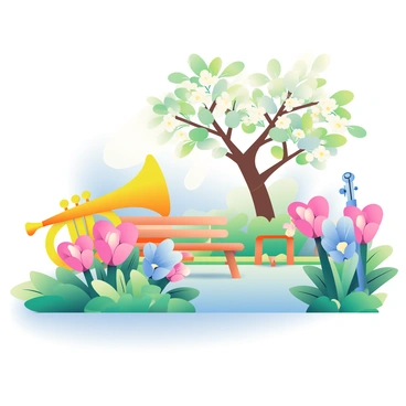 A tranquil garden filled with vibrant flowers shaped like various musical instruments. There are bright yellow trumpet flowers resembling trumpets, delicate pink petal arrangements shaped like violins, and blue blossoms mimicking flutes. Lush green foliage surrounds the flowers, creating a natural frame for the garden. Soft sunlight filters through the leaves, casting gentle shadows on the ground. In the background, a small wooden bench sits beneath a blooming tree, inviting visitors to relax and enjoy the unique beauty of the garden.