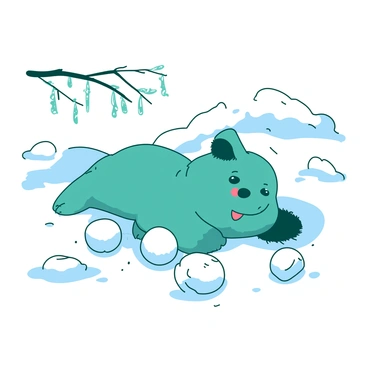 A teal niffler is joyfully playing in a white snowy landscape. The niffler has a shiny black nose and fluffy fur, its eyes sparkling with excitement. It is rolling around and creating tiny snowballs with its small paws. Each snowball is perfectly round and bright against the white snow. In the background, there are patches of untouched snow and a few glittering icicles hanging from a nearby tree branch.