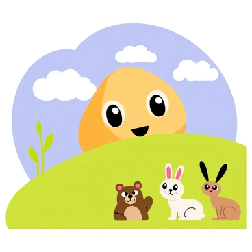 A giant, friendly pebble with a smiling face is rolling down a green hill. The pebble has big, cartoonish eyes and a cheerful expression. At the base of the hill, a group of curious animals gathers to meet the pebble. There is a small brown bear with wide eyes, a rabbit with long ears, and a playful squirrel watching intently. The sky above is bright blue with fluffy white clouds. The setting is lively and filled with vibrant colors, emphasizing the joyful encounter between the pebble and the animals.