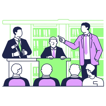 A courtroom scene captures a tense moment during a trial. In the center, a witness is seated on the stand, looking serious and slightly anxious. The witness, a middle-aged man wearing a dark suit, grips the edges of the stand with his hands. In front of him, a lawyer stands with a confident posture, pointing towards the witness while asking a question. A judge sits at a raised bench, watching intently with a gavel in hand. The jurors are visible in the foreground, each looking focused and attentive to the proceedings. The background features wooden paneling and bookshelves filled with legal texts.