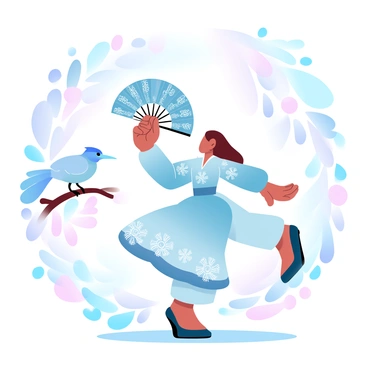 A traditional dancer in a vibrant costume is performing against a backdrop of colorful, hand-painted floral patterns. The dancer gracefully holds a large, ornate fan in one hand, showcasing intricate designs. Beside the dancer, a fantail bird with a fanned tail is perched on a nearby branch, its feathers displaying a variety of bright and pastel colors. The ground is decorated with a tapestry of colorful flowers and leaves, enhancing the folk art theme. The scene is bursting with color and energy, capturing the essence of a lively celebration.