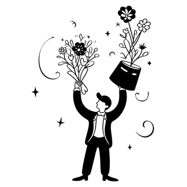 A magician in a classic black tuxedo stands proudly, holding a tall, ornate magician's hat. They are in the process of pulling a "cute flower bouquet" with various floral shapes and sizes emerging from the hat. The bouquet features an assortment of flowers, including daisies and tulips, with delicate stems. Surrounding the magician are sparkling stars and whimsical swirls, adding a sense of enchantment to the scene. The magician's arms are raised, showcasing the bouquet as a centerpiece of the magical trick.