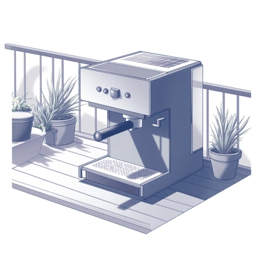 A coffee maker designed with a modern aesthetic, featuring solar panels integrated into its structure. The coffee maker is composed of sustainable materials such as bamboo and recycled metals. It is situated on a sunny terrace, surrounded by potted plants and a wooden table. The terrace has a railing that provides a view of a garden or landscape beyond. The sun casts shadows on the table, emphasizing the coffee maker and creating a warm, inviting atmosphere.
