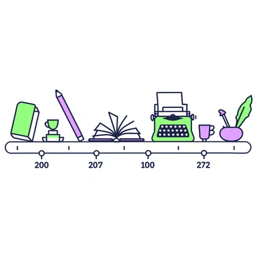A timeline illustration showing the progression of an author's writing career. The timeline runs horizontally across the image, marked with significant dates and events. On the left, there is a book with a green cover, representing the author's first published work. Next to it, there is a purple pencil symbolizing the author's early writing days. Moving along the timeline, there is an open book with several pages fanned out, depicting their second novel. Further along, a green typewriter represents the author's creative process, with a piece of paper partially ejected. Towards the right, there is a purple quill and inkpot, symbolizing awards and recognitions received over the years. Each segment of the timeline includes small icons related to writing, such as a green notebook, a purple coffee cup, and a green light bulb for inspiration. The overall composition is organized and clear, with a straight line guiding the viewer through the author's journey.