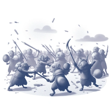 A chaotic battlefield filled with movement and action. In the foreground, several skaven, humanoid rat-like creatures, are engaging in combat with human soldiers. The skaven are wielding various weapons, including curved daggers and makeshift clubs, while the humans are using swords and shields. Above the combatants, weapons are flying through the air, including arrows and thrown projectiles. The ground is littered with debris, such as broken shields, discarded weapons, and scattered armor pieces. In the background, dark clouds loom overhead, adding to the tension of the scene.