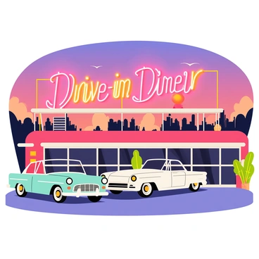 A 1950s drive-in diner with a bright red exterior and chrome accents. The diner features large glass windows and a classic sloped roof. In front of the diner, several vintage cars are parked, including a turquoise convertible and a white coupe, showcasing the stylish designs of the era. Above the diner, a glowing neon sign displays the words "Drive-In Diner" in vibrant colors, illuminating the scene. The background includes a twilight sky with a gradient of purple and orange hues, enhancing the nostalgic atmosphere.
