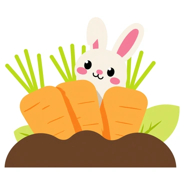 A patch of vibrant orange carrots growing in rich, dark soil. The carrots are leaf-topped, showing their greenery above ground. A fluffy white bunny is peeking out from behind the largest carrot, its ears perked up and its bright eyes wide with curiosity. The background features soft green foliage, enhancing the lively scene of the garden.