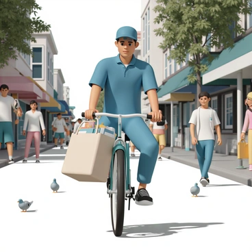 A postman, dressed in a blue uniform and wearing a cap, is pedaling his bicycle down a bustling street. His bicycle is loaded with a large canvas bag filled with letters and packages. The street is lined with various shops, some with colorful awnings and others with large windows displaying merchandise. People are walking along the sidewalk, some chatting, while others are looking at their phones. Trees line the street, adding a touch of greenery to the scene, and a few pigeons are pecking at crumbs on the ground. The postman has a focused expression as he maneuvers through the crowd.
