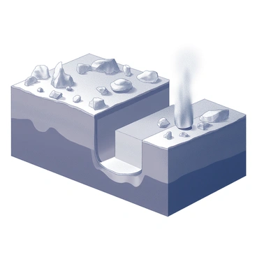 A cross-section view of the Earth's crust showcasing two tectonic plates converging in a subduction zone. The upper plate is being pushed down into the mantle, creating a trench at the boundary. The lower plate is slightly visible beneath the upper plate, illustrating the pressure and movement. Surrounding the plates, there are rock formations and geological layers, with some volcanic activity indicated by a plume of smoke or ash emerging from the subduction zone. The overall composition highlights the dynamic nature of Earth's geology.