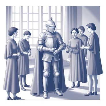 A royal figure stands confidently in a lavish chamber, preparing to be dressed in ornate armor. The armor is intricately designed, featuring elaborate engravings and embellishments. Surrounding the royal figure are several attendants, each diligently assisting with the dressing process. Some attendants hold pieces of the armor, while others adjust the royal garments. The chamber is adorned with rich textiles and luxurious furnishings, enhancing the opulence of the scene. Light filters in through large windows, illuminating the intricate details of the armor and the elegant attire of the attendants.