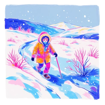 A lone figure is trudging through a fierce blizzard in the Arctic tundra. The person is dressed in a heavy, insulated parka with a fur-lined hood, their face partially obscured by a thick scarf. Snowflakes swirl around them, creating a white haze in the air. The ground is covered in a thick layer of snow, and small ice crystals sparkle in the frigid wind. In the background, low, snow-covered hills stretch into the distance under a gray overcast sky. The scene conveys the harshness of the environment and the determination of the figure navigating through the storm.