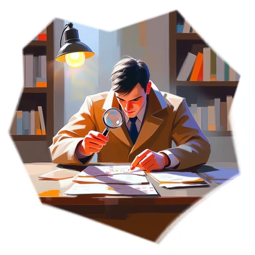A detective with short dark hair and wearing a classic brown trench coat is intently examining clues on a wooden table. In one hand, he holds a shiny magnifying glass, focusing on a small, intricate piece of evidence. The dimly lit room features dark wooden shelves filled with various books and scattered papers. A single, low-hanging light bulb casts soft shadows across the detective's face, emphasizing his concentrated expression as he investigates.