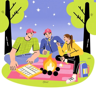 A group of three campers sitting on a colorful picnic blanket near a crackling campfire. One camper, wearing a green flannel shirt, is leaning forward with a focused expression while holding a backgammon piece. Another camper, dressed in a red baseball cap and a navy blue jacket, is smiling and looking at the game board, which is set up on the blanket. The third camper, with long brown hair tied in a ponytail and wearing a yellow hoodie, is roasting a marshmallow on a stick over the fire. Surrounding them are tall trees with green leaves, and the night sky is filled with twinkling stars, creating a cozy atmosphere. A small backpack and a lantern can be seen nearby.