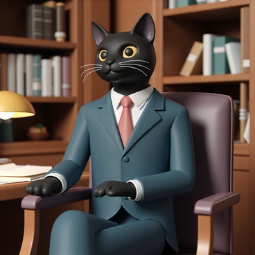 A sophisticated cat with sleek black fur, wearing a tailored navy blue suit and a crisp white dress shirt, complemented by a classy red tie. The cat is sitting upright in an elegant leather office chair, with its paws resting on the armrests. The office is decorated with wooden bookshelves filled with books and a polished desk with a few papers scattered on it. A soft light from a desk lamp casts a warm glow across the scene, highlighting the cat's focused expression as it gazes thoughtfully ahead.
