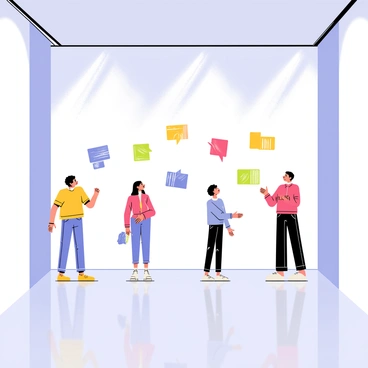 A showcase room with sleek, high-tech walls illuminated by soft white light. In the center of the room, there are multiple dynamic holograms displaying "famous artworks" floating in the air. Each hologram shows vibrant colors and intricate details of the artworks, creating a lively atmosphere. The floor is polished and reflects the holograms, enhancing the visual effect. Visitors in the room are gazing up in awe at the holograms, with expressions of curiosity and admiration.