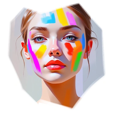 A close-up of a face with vibrant paint smudges in various colors applied across the skin, resembling a hand-painted effect. The face has a neutral expression, with a smooth complexion that enhances the boldness of the colors. The paint consists of bright reds, blues, yellows, and greens, swirling together in an artistic pattern. The background is blurred, directing focus on the striking painted face.