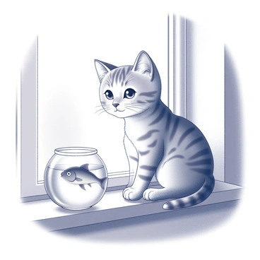 A tom kitten with large, round eyes is sitting attentively on a windowsill. The kitten has soft fur with distinct stripes and is leaning forward slightly, displaying a posture of curiosity. In front of the kitten is a glass fishbowl on the ledge, containing a fish swimming gracefully. The fish is visible as it moves through the water, showing its fins and tail. The room has soft light filtering in through the window, creating gentle shadows around the scene.