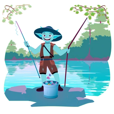 A small goblin with green skin, pointy ears, and sharp teeth is standing on a rocky shore by a tranquil lake. The goblin is wearing tattered brown clothes and a wide-brimmed hat, and it has a mischievous grin on its face. In its hands, it holds a fishing rod, and a bucket beside it is overflowing with strange, colorful fish of various shapes and sizes. The lake reflects the surrounding trees and has ripples from the goblin's movements. Sunlight filters through the leaves, creating dappled light on the water's surface.
