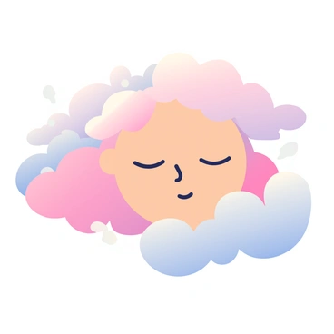 A face with closed eyes is centered in the image, featuring soft, delicate features and a serene expression. The skin tone is a warm, light beige, and the hair is flowing and wavy, blending into the surroundings. Surrounding the face are dreamy clouds with soft edges, swirling in shades of pastel pink, lavender, and white. The clouds have a gentle movement, giving the impression of a tranquil atmosphere, enhancing the feeling of calmness. The background is filled with more clouds, adding depth and a sense of ethereal beauty to the composition.