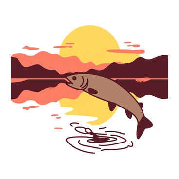 A brown trout silhouette is positioned prominently against a golden-orange sunset backdrop. The sun is just above the horizon, casting vibrant reflections on the surface of the lake. The tranquil water mirrors the hues of the sunset, enhancing the overall composition. The trout is leaping gracefully out of the water, with ripples emanating from where it breaks the surface.