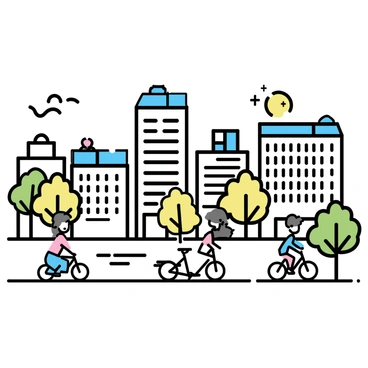 A city skyline with tall buildings featuring green rooftops and solar panels. The scene includes cyclists riding on wide, eco-friendly streets. People are wearing casual clothing, and there are trees lining the paths, adding touches of greenery. The sky is clear, and the atmosphere is lively with a sense of community.