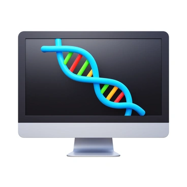 A computer screen displaying a vibrant DNA sequence. The DNA helix features vivid colors such as electric blue, bright green, and neon yellow. The screen's background is dark to enhance the brightness of the colors. The sequence is presented in a clear, readable font, highlighting the base pairs. The screen is positioned on a modern desk with a sleek design.