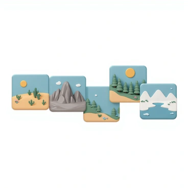 A collection of game environment tiles, each showcasing distinctive terrains and features. The first tile displays a sandy desert with scattered cacti and a bright sun overhead. The second tile features a lush green forest with tall trees, dense foliage, and patches of wildflowers. The third tile depicts a rocky mountain landscape, with rugged cliffs, a clear blue sky, and a few birds flying above. The fourth tile illustrates a tranquil river scene, with flowing water, smooth pebbles, and small aquatic plants along the banks. The last tile presents an icy tundra, with snow-covered ground, icy formations, and a pale sun setting in the distance. Each tile is clearly defined, showcasing unique colors and textures that set them apart from one another.